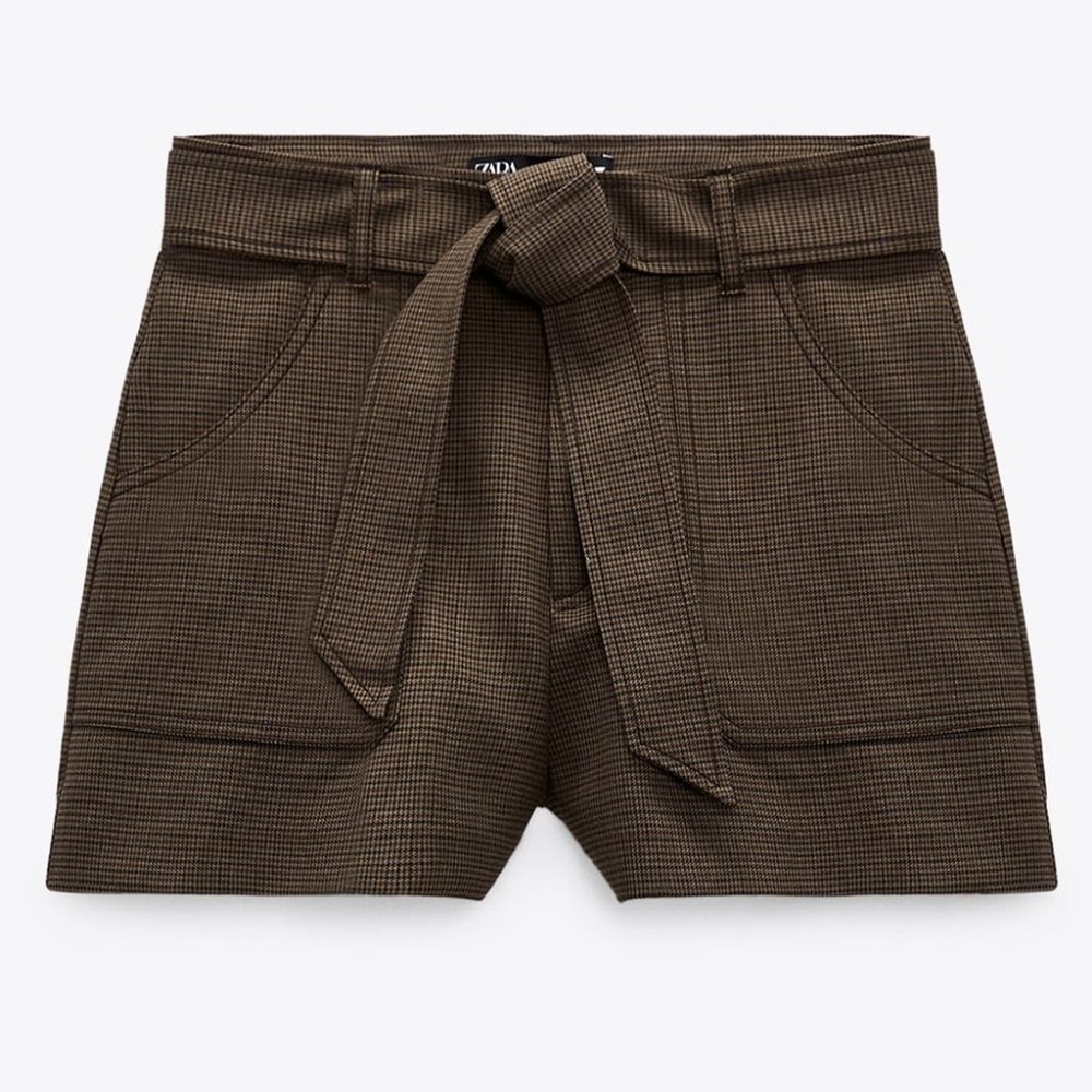 NEW Zara Houndstooth Checker Plaid High Waist Self Tie Belt Shorts Dark Brown S - Picture 7 of 10